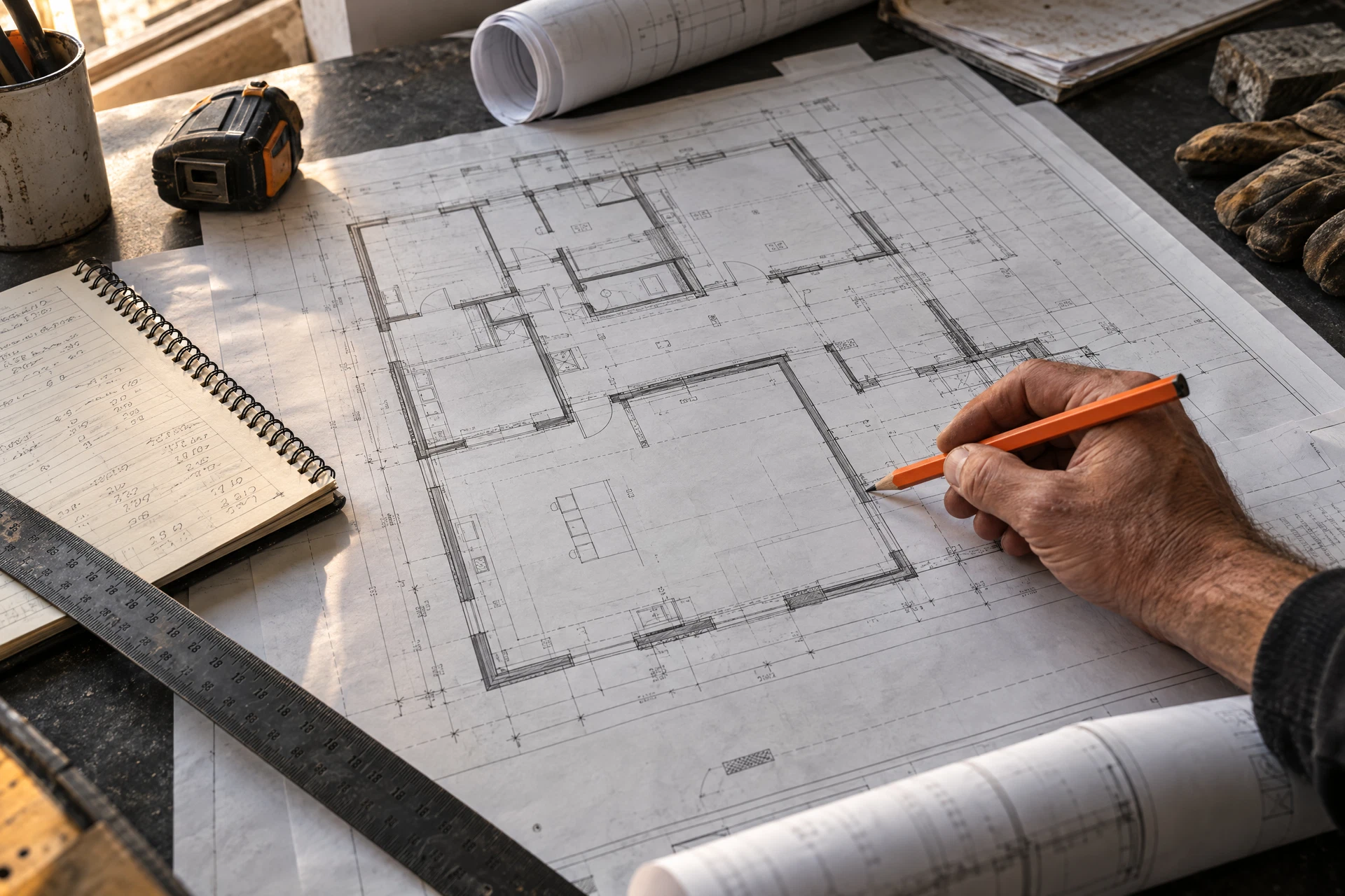 Construction drawings, a ruler and a pencil on an estimating desk